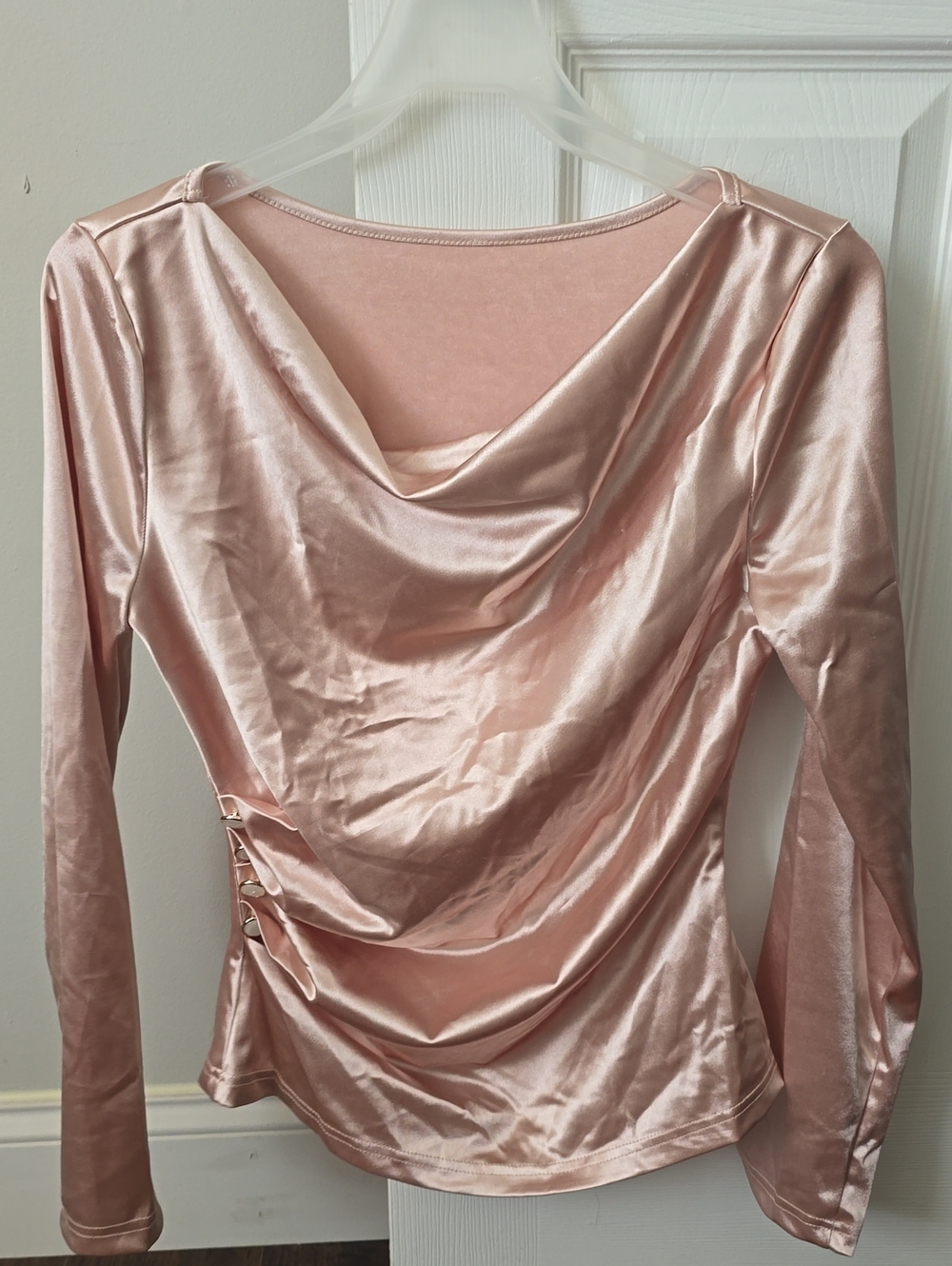 Satin Drape Neck Long-Sleeve Top - Blush Pink